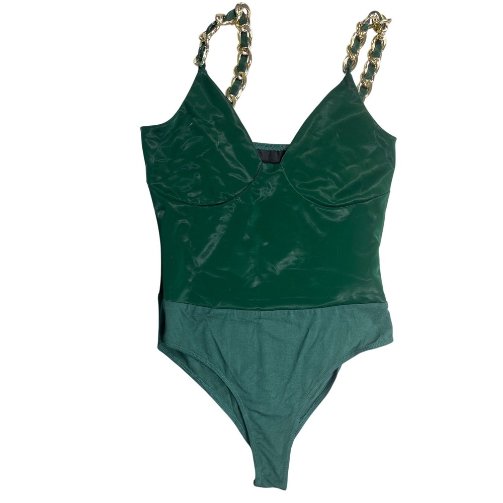 Micas NWT Green Faux Leather Tank Top Gold Chain Straps Corset Bustier Cami